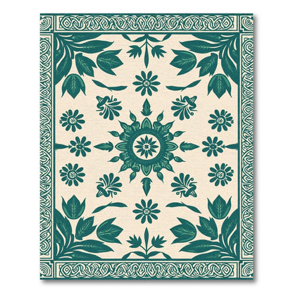 Teal Botanical Medallion Floral Border Rug