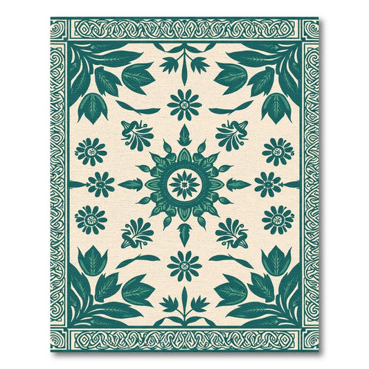 Teal Botanical Medallion Floral Border Rug