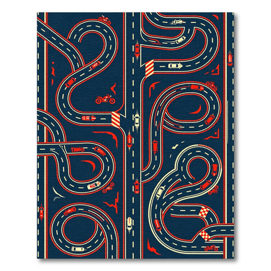 Retro Race Track Red Blue Illustration Rug
