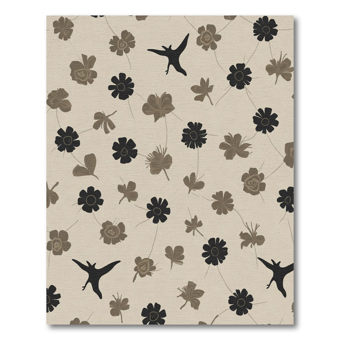 Neutral Tan Floral Black Bird Collage Rug