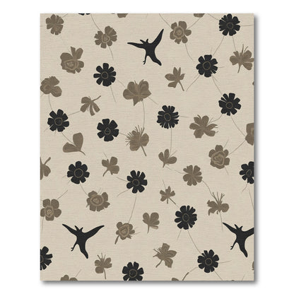 Neutral Tan Floral Black Bird Collage Rug