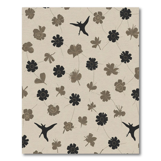 Neutral Tan Floral Black Bird Collage Rug