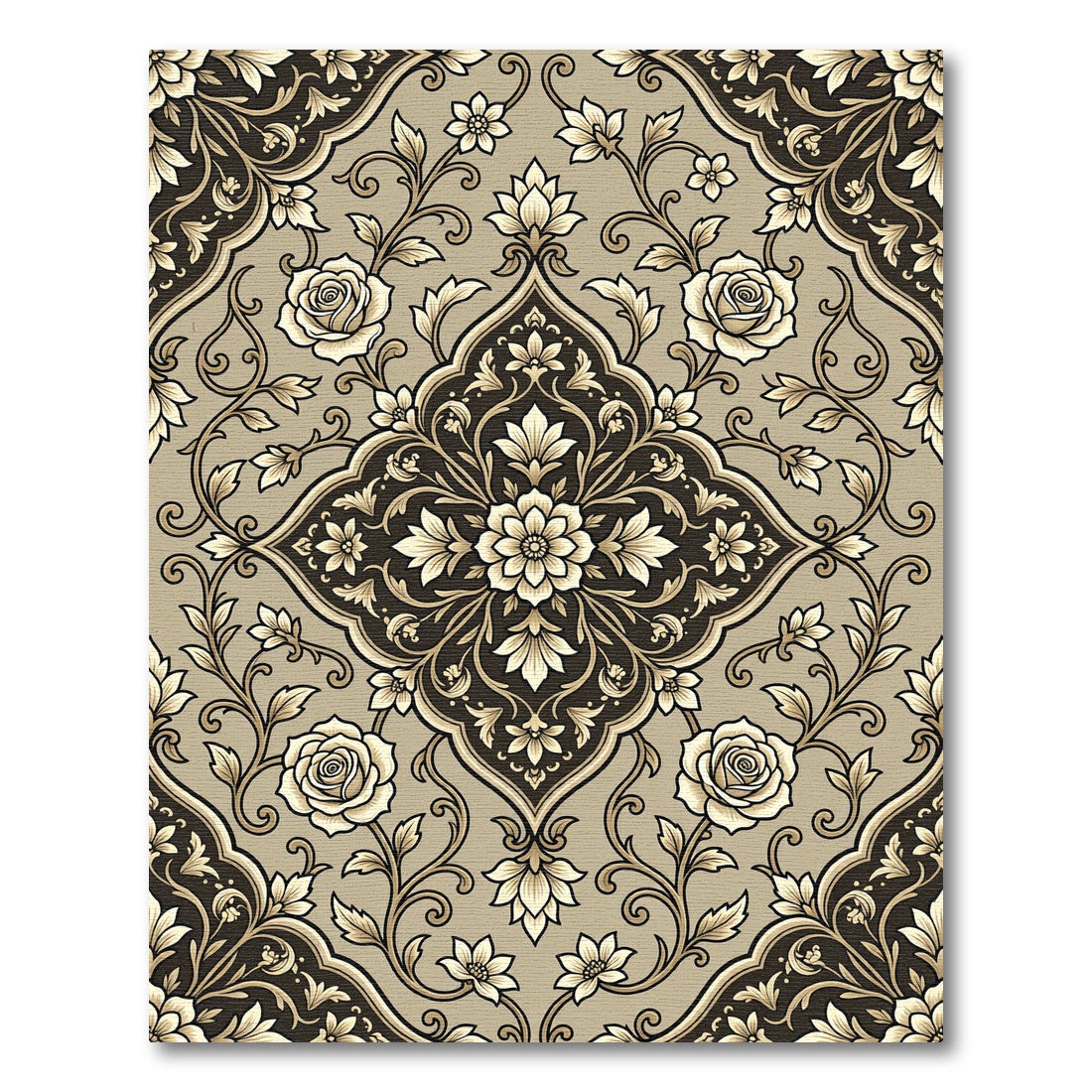 Elegant Beige Rose Floral Medallion Rug