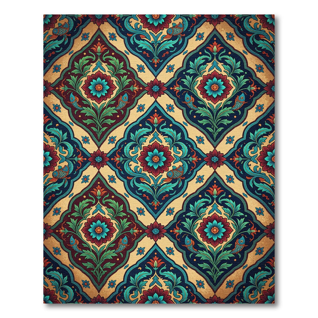 Rich Crimson Teal Floral Fish Rug