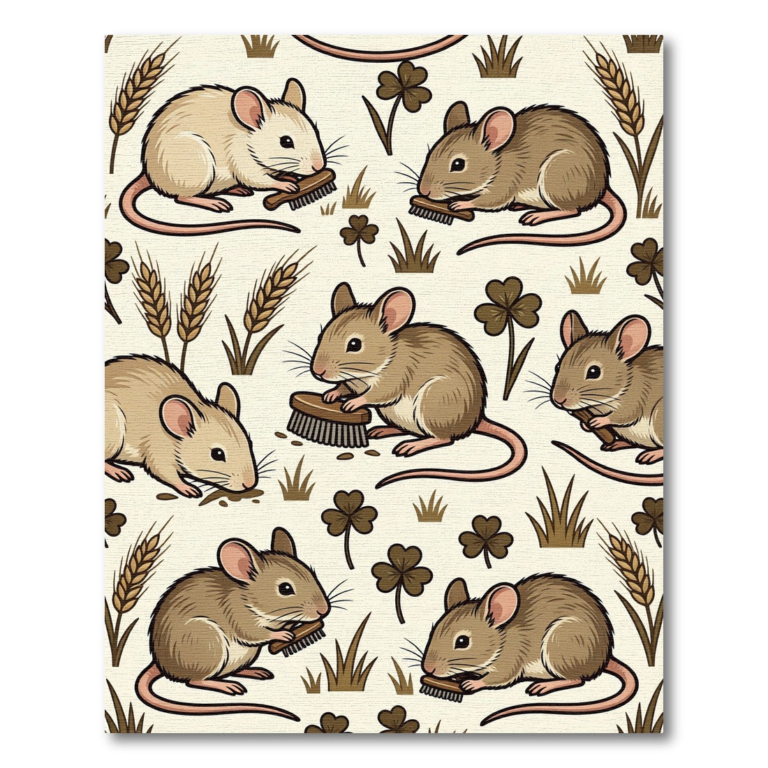 Whimsical Beige Mouse Wheat Clover Illustration Rug