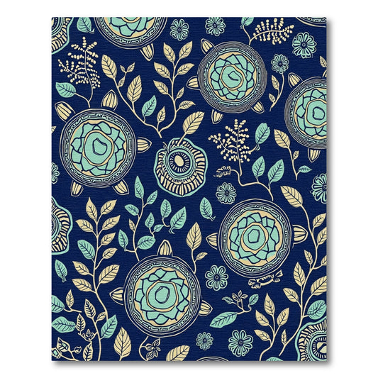 Navy Teal Botanical Turtle Garden Rug
