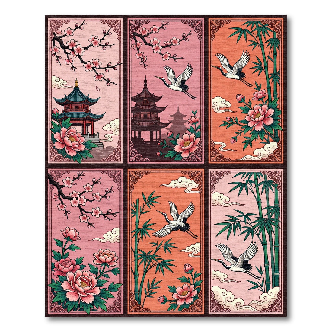 Asian Cranes Cherry Blossoms Pagoda Garden Rug