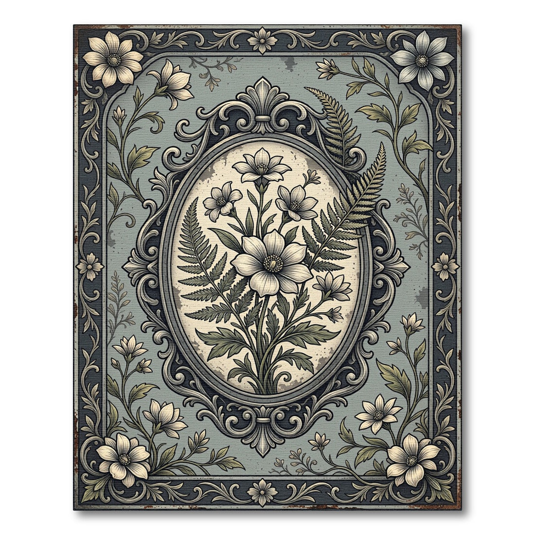 Vintage Sage Floral Oval Botanical Rug
