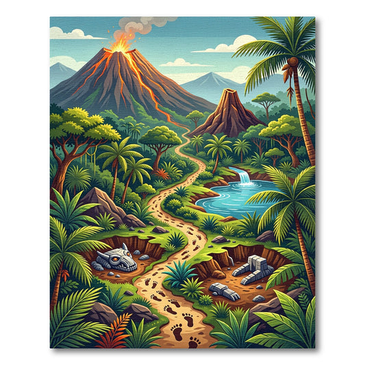 Vibrant Jungle Volcano Dino Path Rug