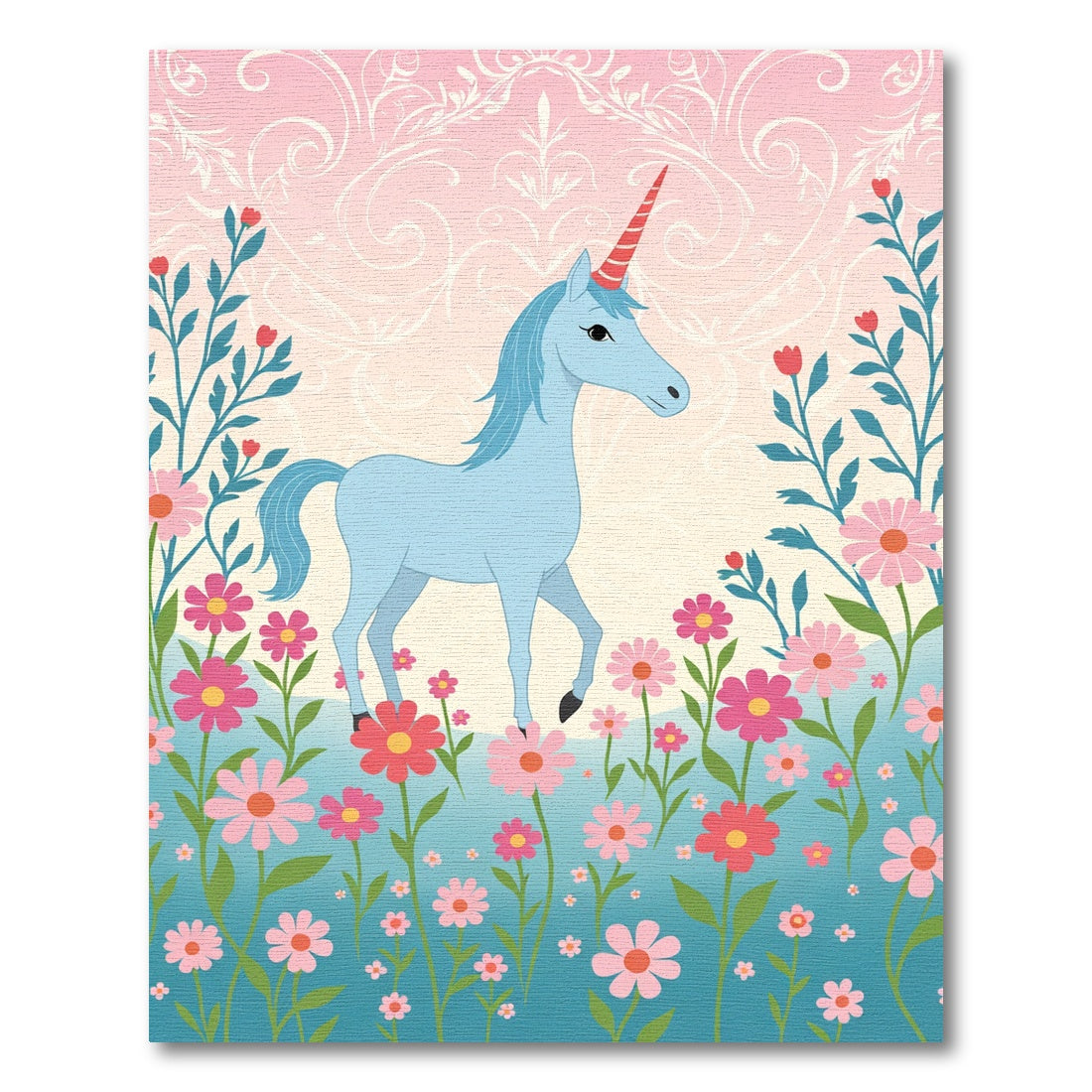 Whimsical Blue Unicorn Floral Meadow Rug
