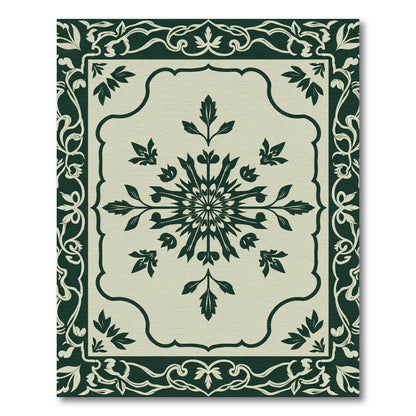 Dark Green Ivory Floral Medallion Lattice Rug