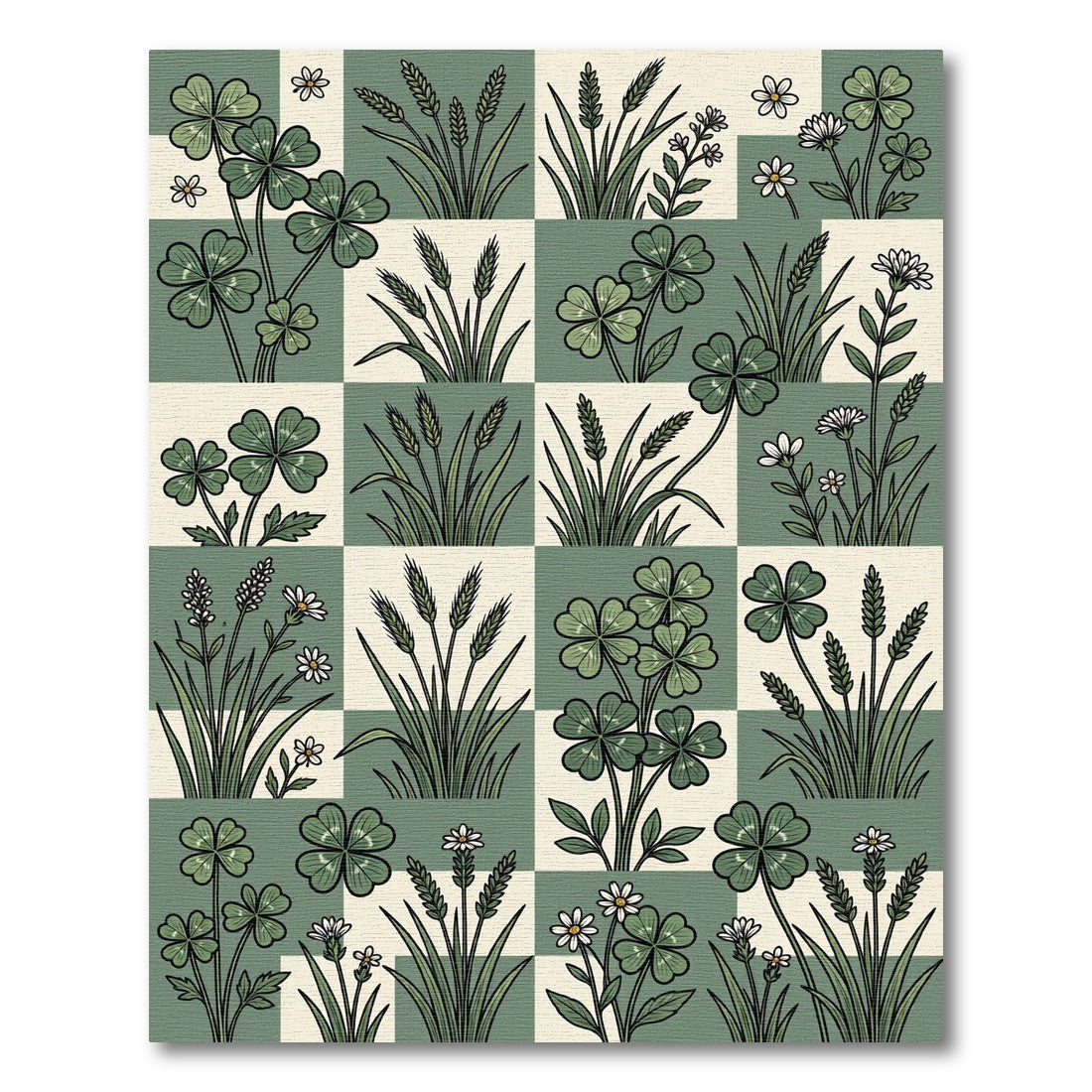 Sage Green Botanical Clover Checkered Art Rug