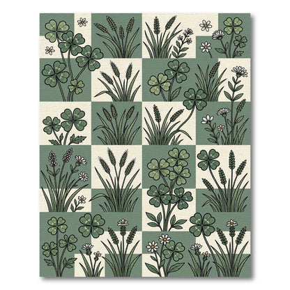 Sage Green Botanical Clover Checkered Art Rug
