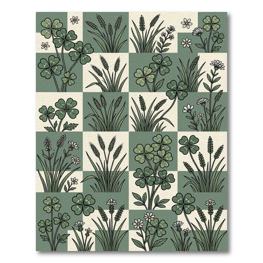 Sage Green Botanical Clover Checkered Art Rug