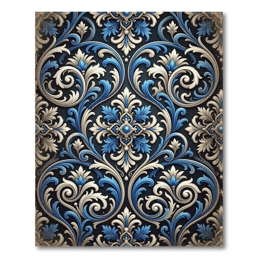 Ornamental Blue and Cream Scrolling Damask Rug