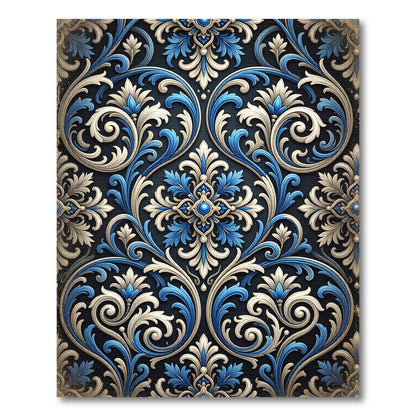 Ornamental Blue and Cream Scrolling Damask Rug