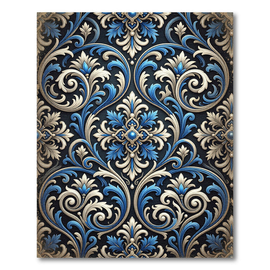 Ornamental Blue and Cream Scrolling Damask Rug