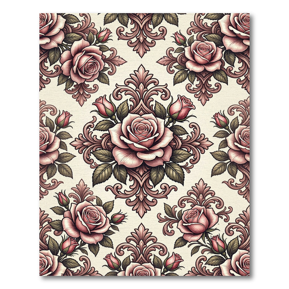 Elegant Blush Rose Damask Floral Rug