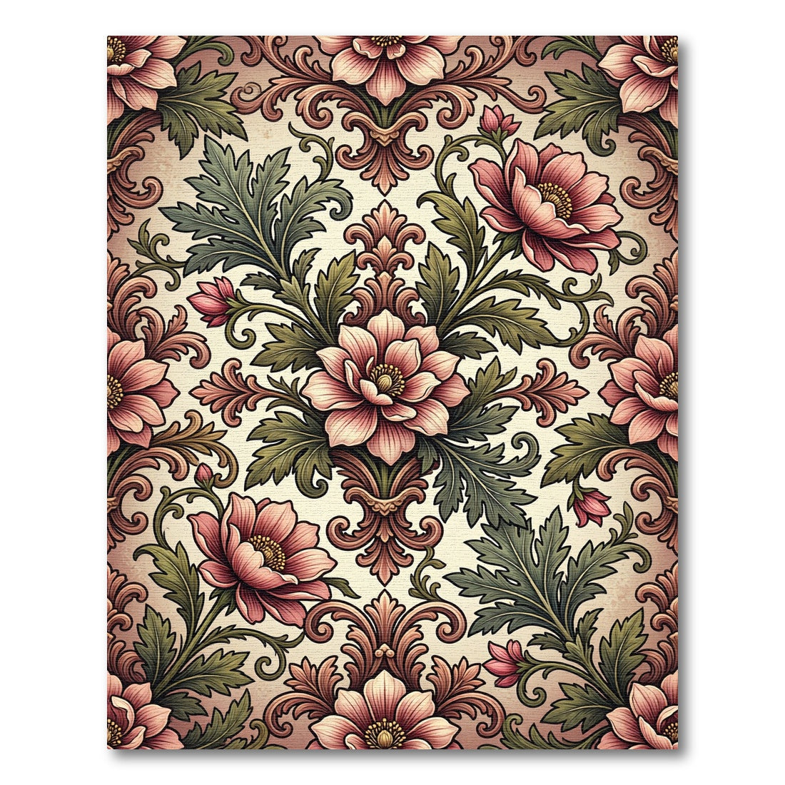 Elegant Dusty Rose Floral Baroque Scroll Rug