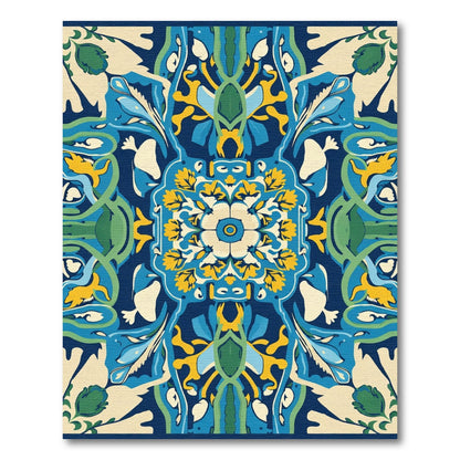 Deep Blue Yellow Floral Medallion Abstract Rug