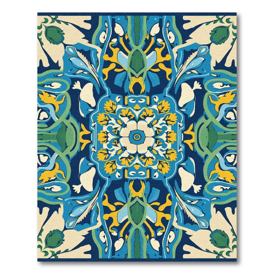 Deep Blue Yellow Floral Medallion Abstract Rug