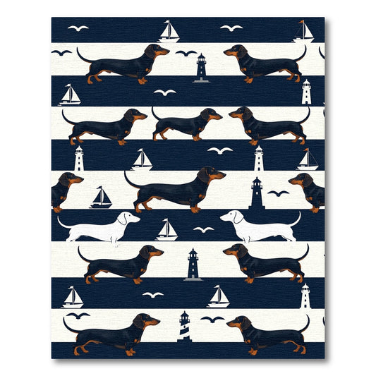 Navy Nautical Dachshund and Lighthouse Stripe Rug
