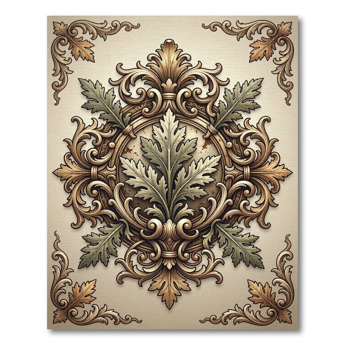 Antique Gold Acanthus Leaf Medallion Rug
