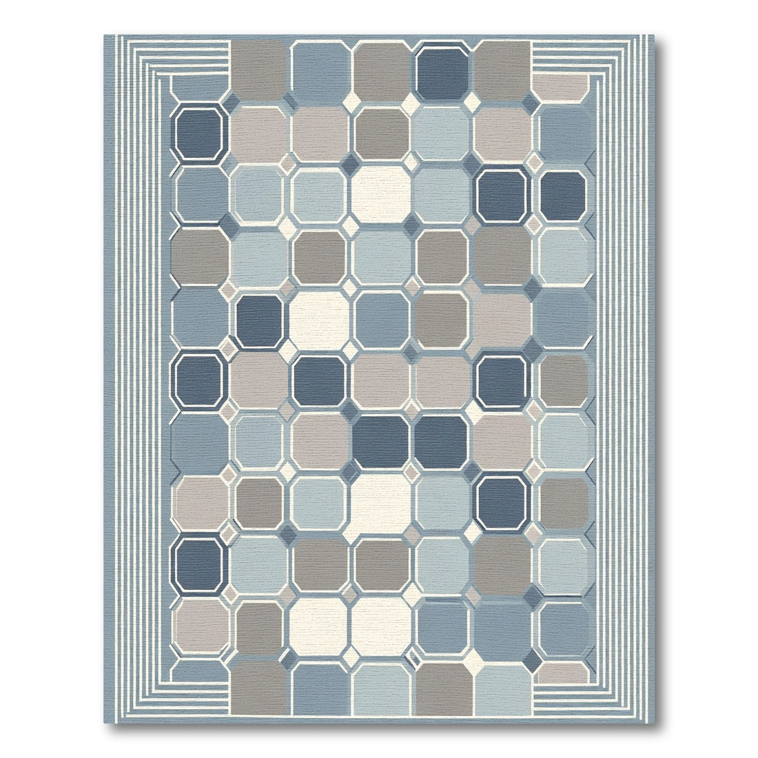 Cool Blue Geometric Octagon Grid Area Rug