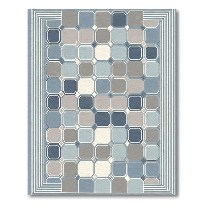 Cool Blue Geometric Octagon Grid Area Rug
