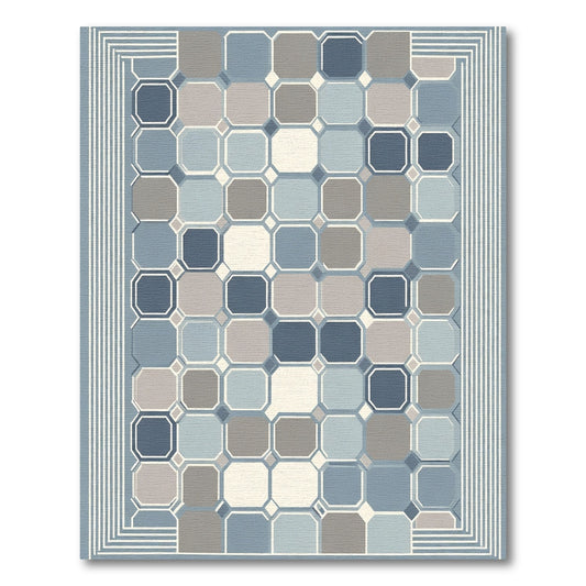 Cool Blue Geometric Octagon Grid Area Rug