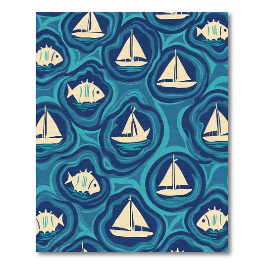 Nautical Sailboat Fish Ocean Waves Rug