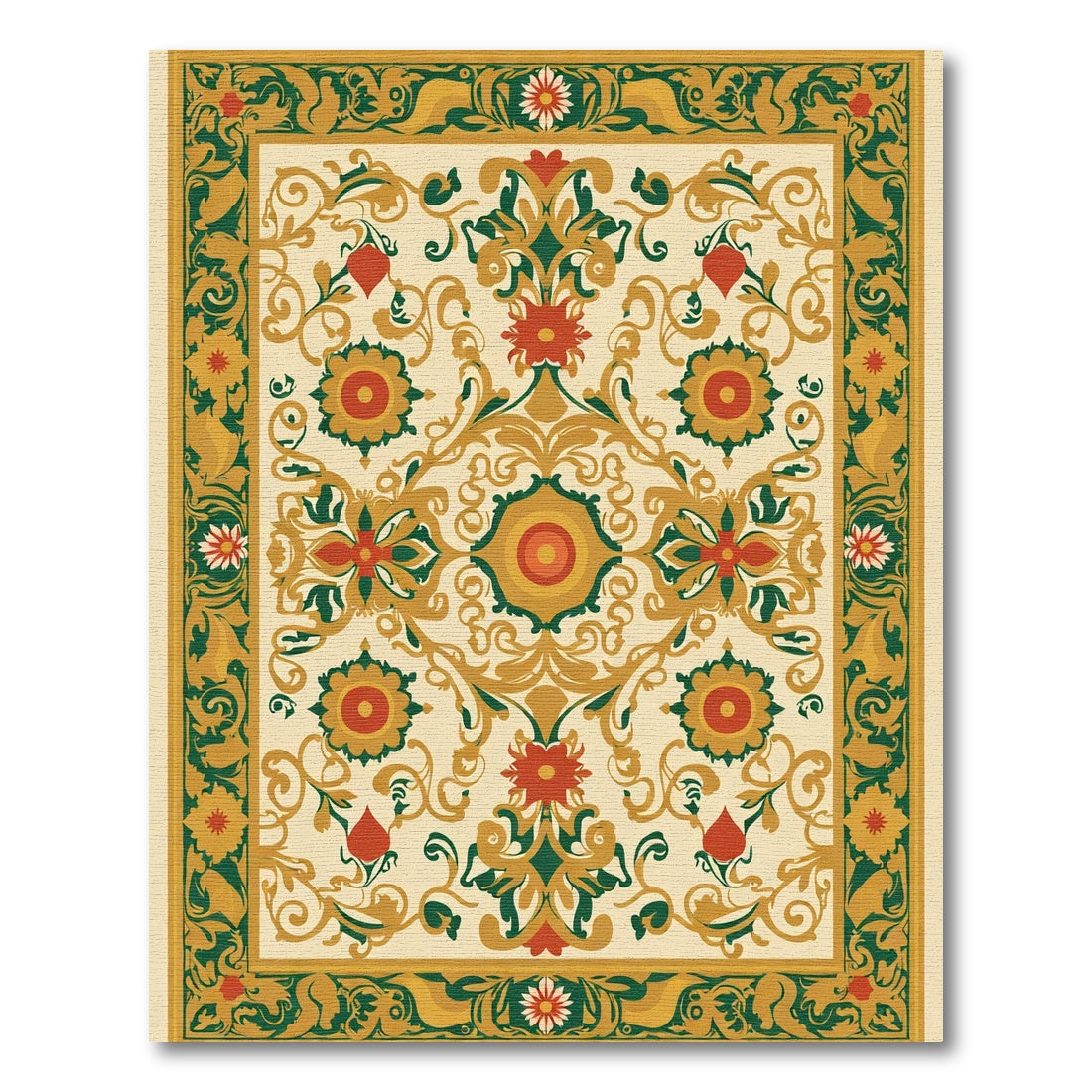 Ornate Red and Green Floral Scroll Rug