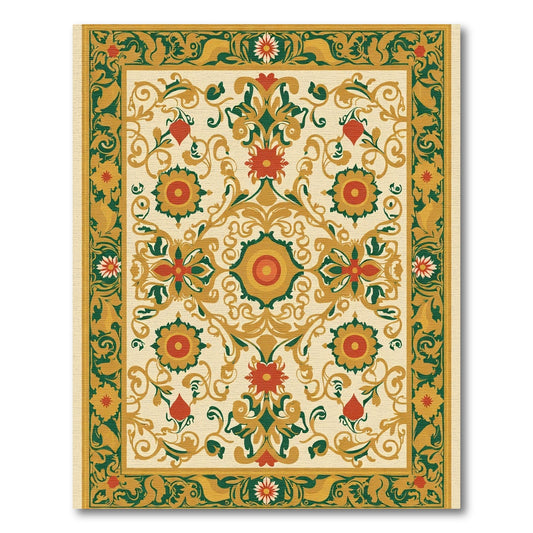 Ornate Red and Green Floral Scroll Rug