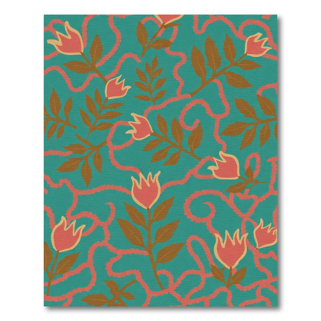 Coral Pink Floral Vine Teal Rug