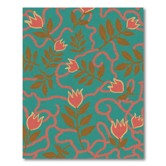 Coral Pink Floral Vine Teal Rug