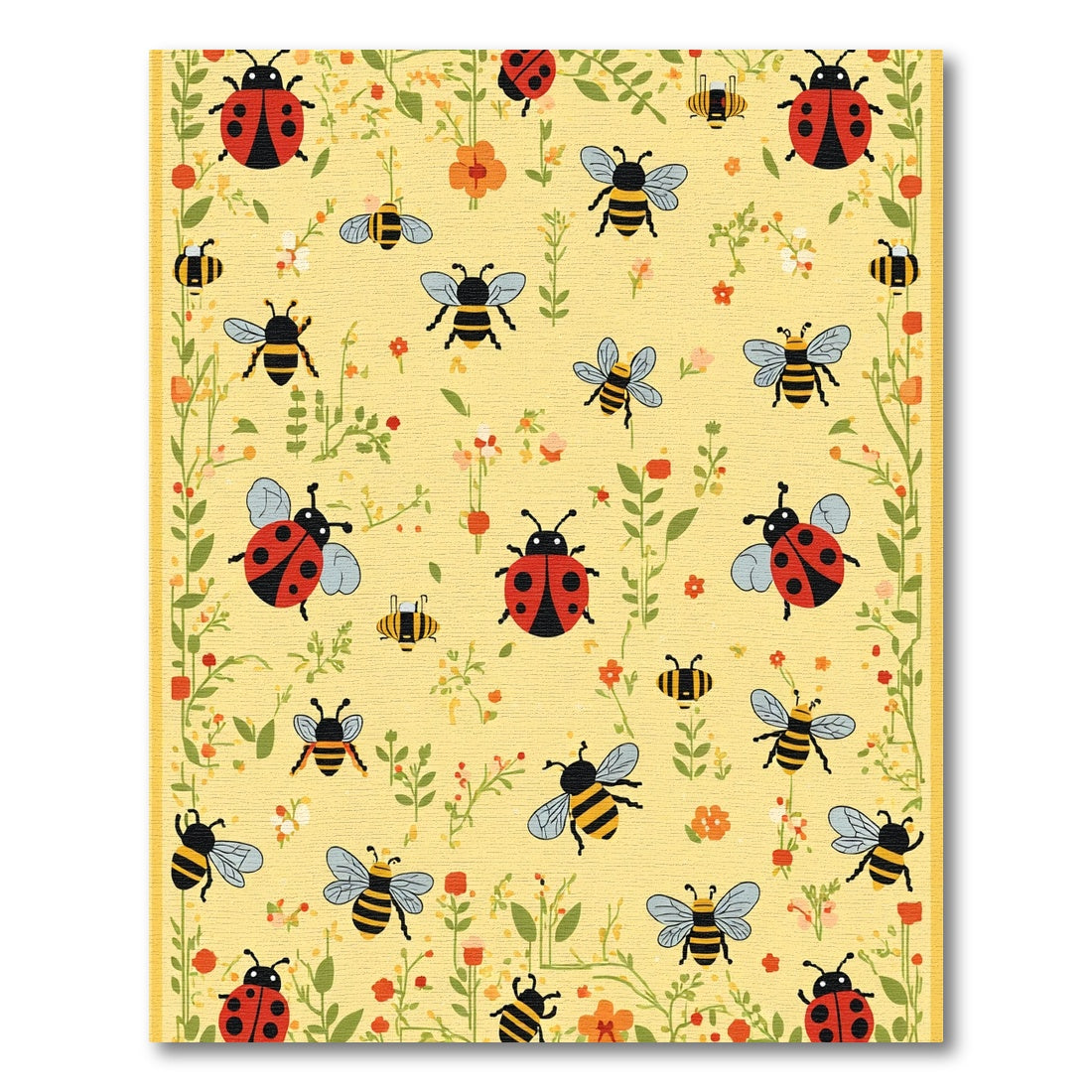 Whimsical Ladybug Bee Floral Meadow Golden Rug