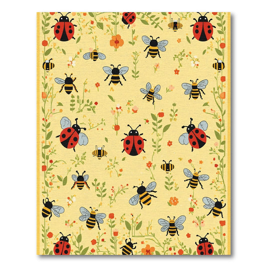 Whimsical Ladybug Bee Floral Meadow Golden Rug