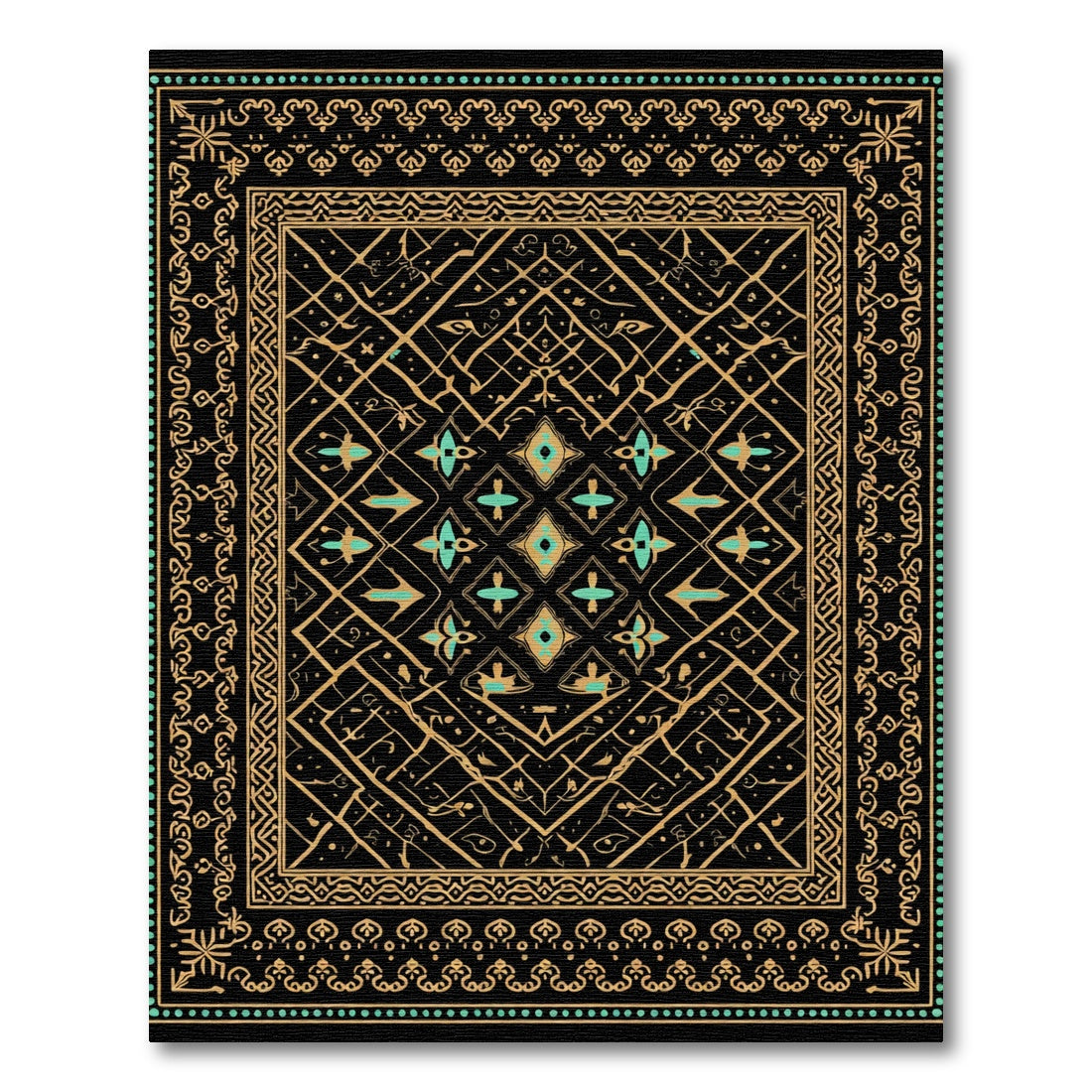 Gold Black Teal Geometric Diamond Border Rug