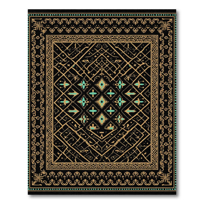Gold Black Teal Geometric Diamond Border Rug