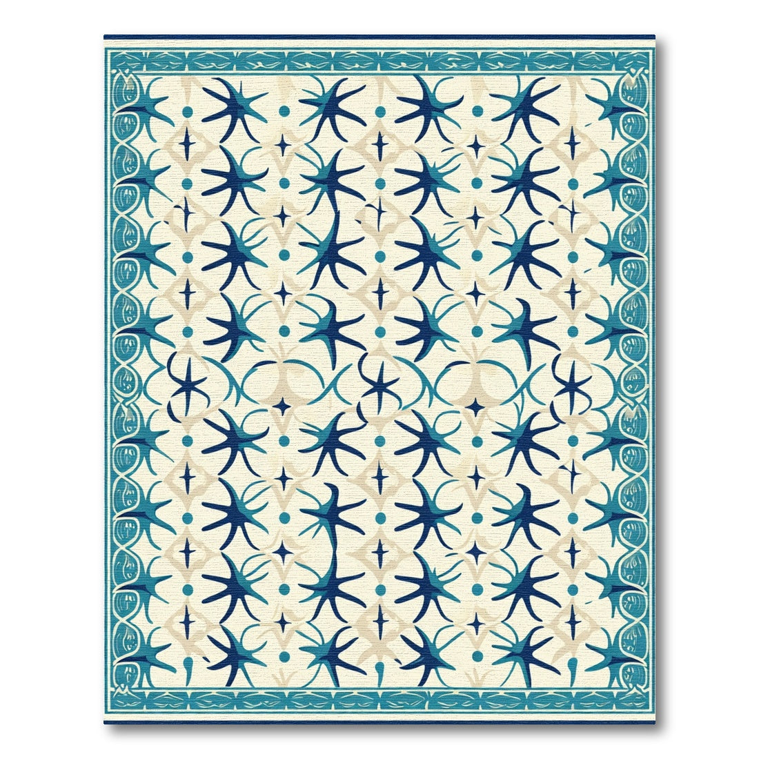 Blue Starburst Cream Geometric Border Rug