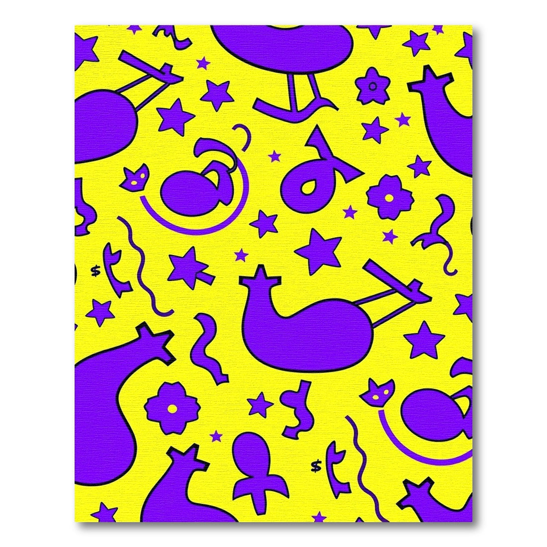 Whimsical Purple Abstract Shapes Yellow Rug