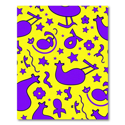 Whimsical Purple Abstract Shapes Yellow Rug