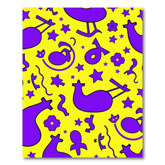 Whimsical Purple Abstract Shapes Yellow Rug