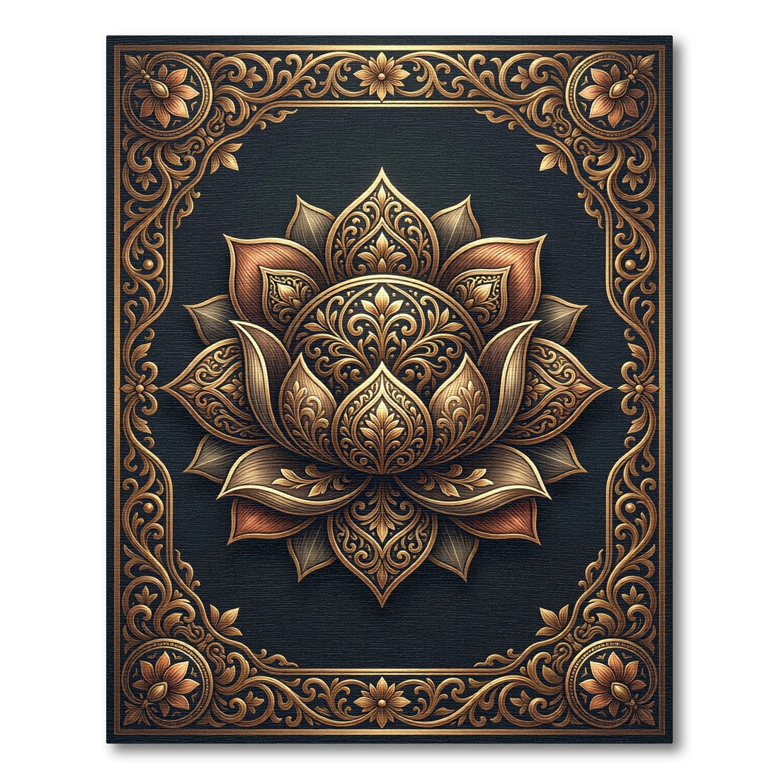 Ornate Gold Lotus Floral Medallion Rug