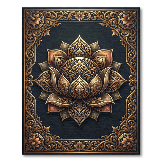 Ornate Gold Lotus Floral Medallion Rug