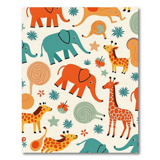 Playful Orange Green Elephant Giraffe Collage Rug