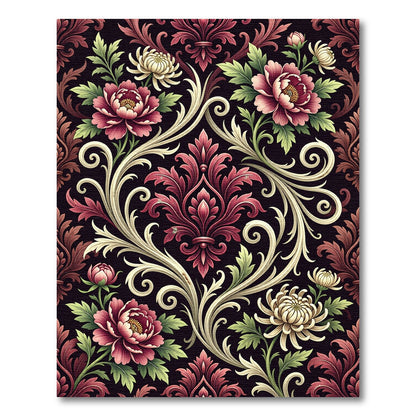 Ornate Crimson Floral Damask Scroll Rug
