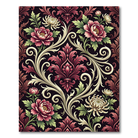 Ornate Crimson Floral Damask Scroll Rug