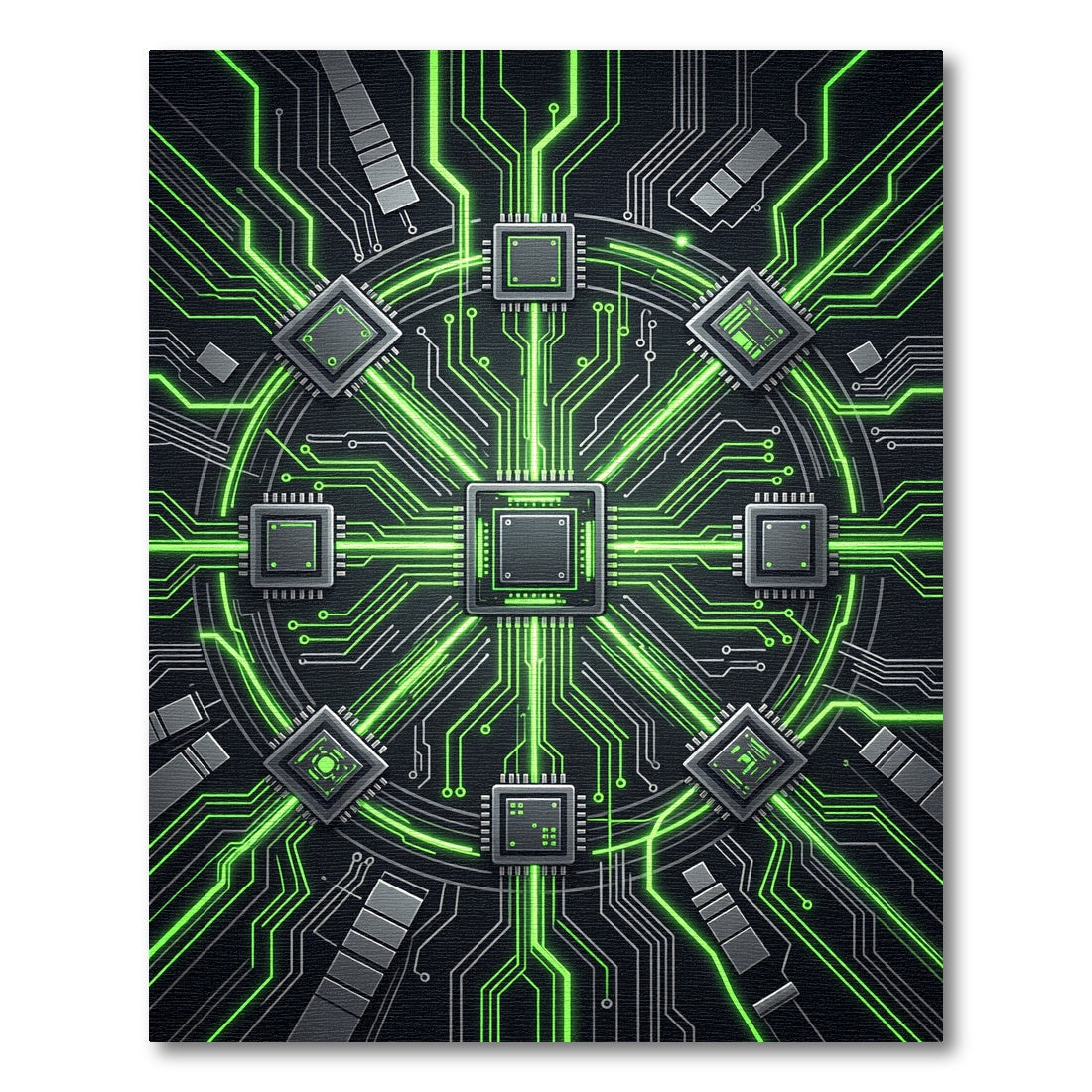 Luminous Cybernetic Circuitry Green Tech Node Rug