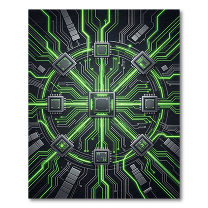 Luminous Cybernetic Circuitry Green Tech Node Rug